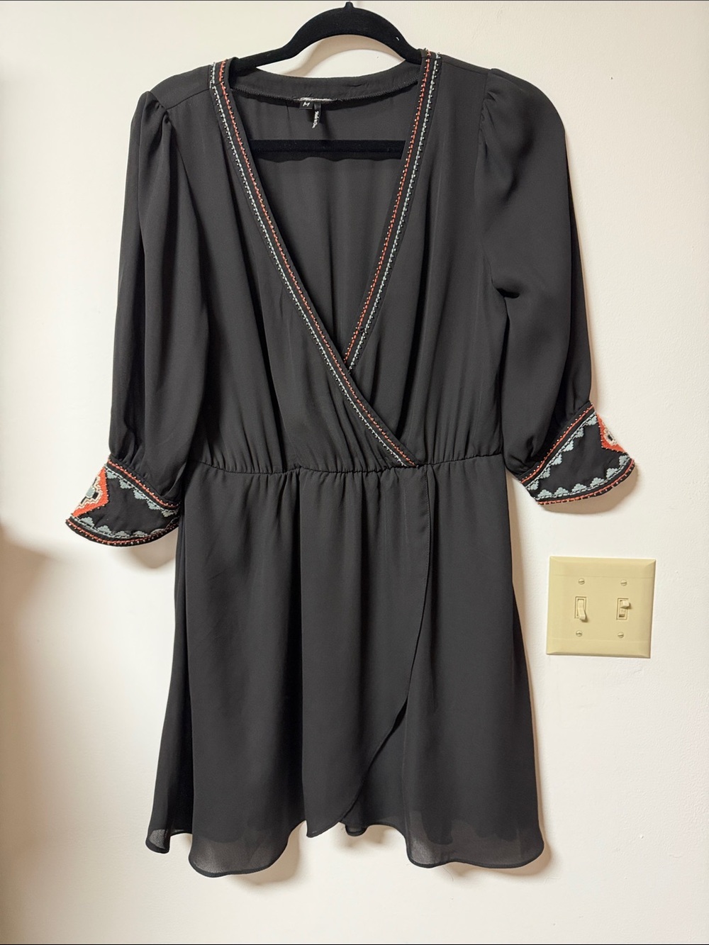 Black Embroidered faux Wrap Dress - Women